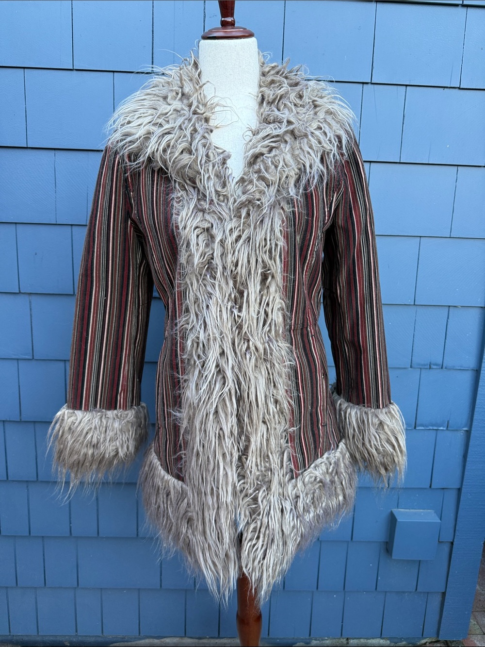 Taunt Striped Brown Jacket with Beige Faux Fur Trim small corduroy blk red